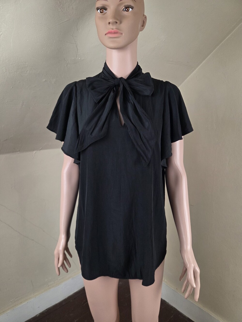 Mela Purdie Black Tie Neck Flutter Sleeve Blouse XS AU 8 US 4